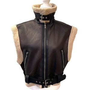 Commense Moto Style Sherpa Lined Brown Faux Leather Vest L